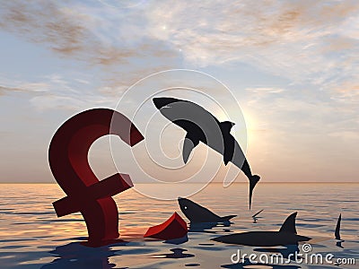 Conceptual 3D illustration bloody pound symbol or sign sinking in water or sea, black sharks eating, metaphor or concept for Cartoon Illustration