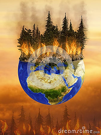 Conceptual 3D render of forest burning on planet earth Cartoon Illustration