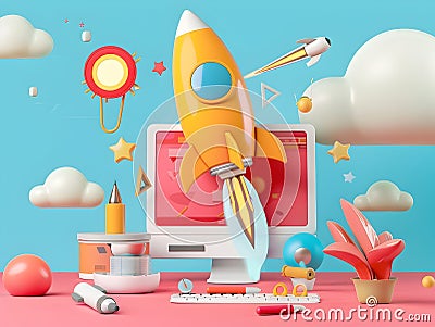 Conceptual 3D of Rocket Launch and Product Unveiling on Digital Workspace Stock Photo