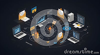 Conceptual data network representation with connected devices in virtual space Stock Photo