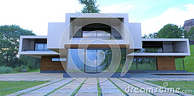 Conceptual design of a futuristic house with large panoramic reflective windows. Paving stones made of large concrete rectangular Stock Photo