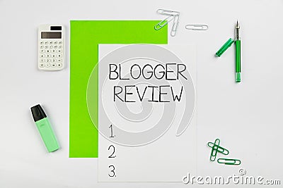 Conceptual display Blogger Review. Conceptual photo making a critical reconsideration and summary of a blog Multiple Stock Photo