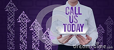 Conceptual display Call Us Today. Business overview Make a telephone calling to ask for advice or support Man Presenting Stock Photo
