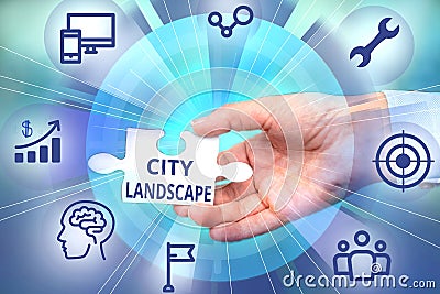 Conceptual display City Landscape. Conceptual photo photograph of the physical aspects of a city or urban area Hand Stock Photo