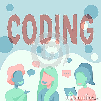 Conceptual display Coding. Concept meaning assigning code to something for classification identification Happy Friends Stock Photo