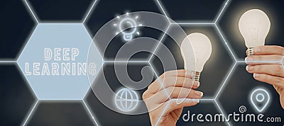 Sign displaying Deep Learning. Internet Concept Hierarchical Abstractions Artificial Intelligence Algorithm Woman Stock Photo