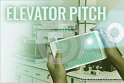 Text sign showing Elevator Pitch. Business concept A persuasive sales pitch Brief speech about the product Hand Touching Stock Photo