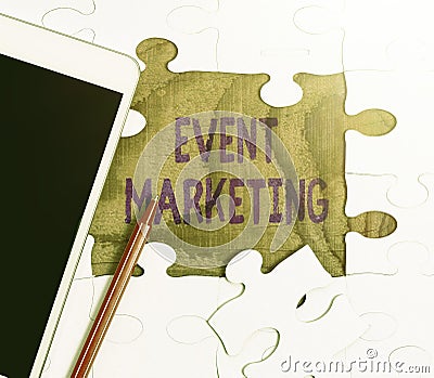 Conceptual display Event Marketing. Concept meaning describes process of developing display to promote product Building Stock Photo