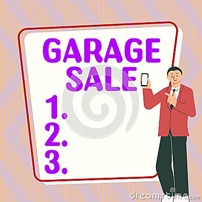 Conceptual display Garage Sale. Internet Concept sale of miscellaneous household goods often held in the garage Stock Photo