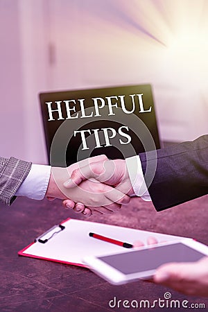 Conceptual display Helpful Tips. Conceptual photo Ask an Expert Solutions Hints Consulting Warning Two Professional Well Stock Photo