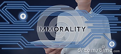 Conceptual display Immorality. Word for the state or quality of being immoral, wickedness Stock Photo
