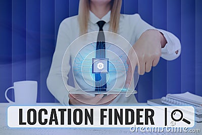 Hand writing sign Location Finder. Business idea A service featured to find the address of a selected place Lady Stock Photo