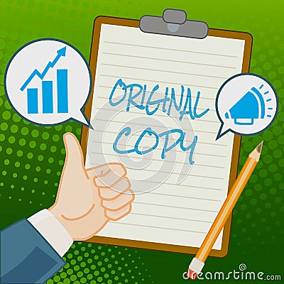 Writing displaying text Original Copy. Internet Concept Main Script Unprinted Branded Patented Master List Hands Thumbs Stock Photo