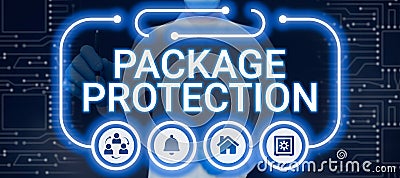 Conceptual display Package ProtectionWrapping and Securing items to avoid damage Labeled Box. Word Written on Wrapping Stock Photo