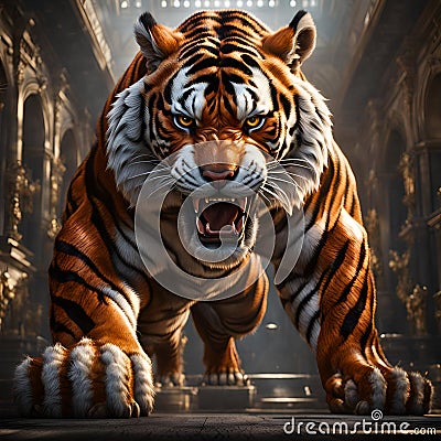 Conceptual display of power through tiger in luxurious hall setting Stock Photo