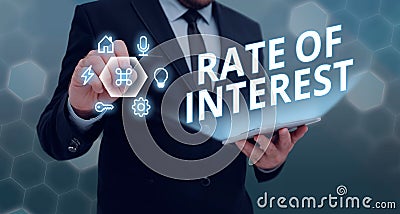 Conceptual display Rate Of Interest. Business overview Percentage computed from principal amount of loan, mortgage, or Stock Photo