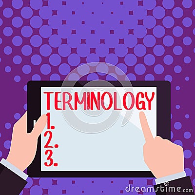 Conceptual display Terminology. Business overview Terms used with particular technical application in studies Stock Photo