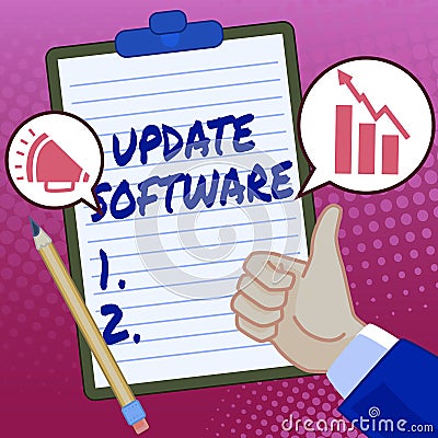 Conceptual display Update Software. Internet Concept replacing program with a newer version of same product Hands Thumbs Stock Photo