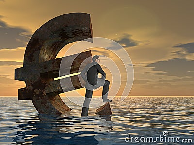 Conceptual Euro crisis with a busines man at sunset Stock Photo
