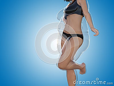 Overweight obese female vs slim fit healthy body after weight loss or diet with muscles thin young woman on blue. A Cartoon Illustration