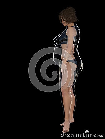 Conceptual fat overweight obese female vs slim fit healthy body after weight loss or diet with muscles thin young woman isolated Cartoon Illustration