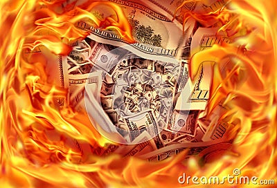 Conceptual finance image of burning pile dollar bill and fire fl Stock Photo