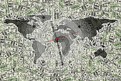 conceptual finance image of world map and clock face over american one hundred dollar bill pile and binary code Stock Photo