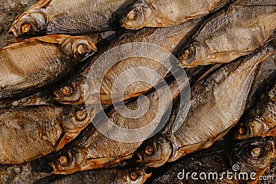 Conceptual flat background of dried fish. vobla Stock Photo