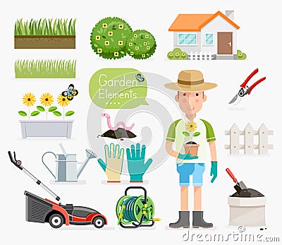 Conceptual of Gardening. Gardener and Garden tools equipment. Vector Illustration
