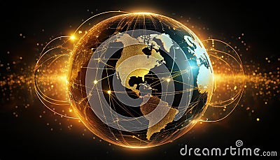 conceptual globe illuminated with golden lines and nodes, symbolizing global connectivity and technology. intricate design Stock Photo