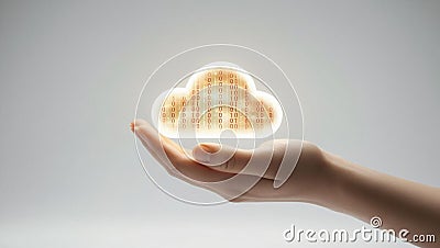conceptual hand holding glowing cloud filled with binary code, symbolizing data control and digital technology. This represents Stock Photo