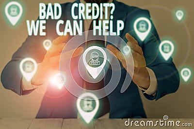 Conceptual hand writing showing Bad Credit Question We Can Help. Business photo showcasing Borrower with high risk Debts Stock Photo
