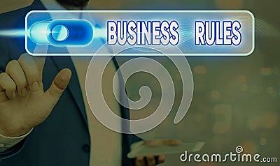 Conceptual hand writing showing Business Rules. Business photo text a specific directive that constrains or defines a business Stock Photo