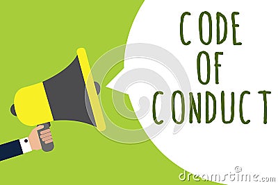 Conceptual hand writing showing Code Of Conduct. Business photo showcasing Ethics rules moral codes ethical principles values resp Stock Photo