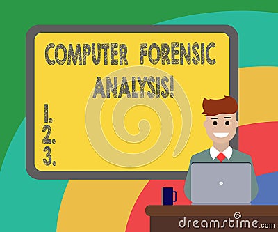 Conceptual hand writing showing Computer Forensic Analysis. Business photo showcasing evidence found in computers and Stock Photo