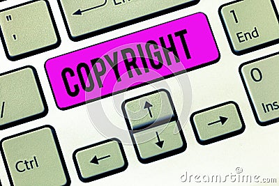 Conceptual hand writing showing Copyright. Business photo showcasing exclusive and assignable legal right given to Stock Photo