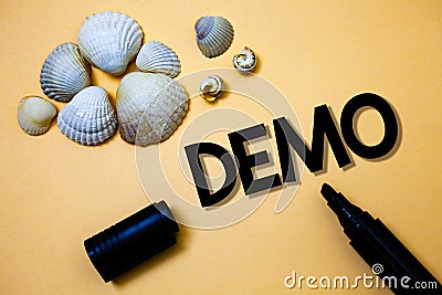 Conceptual hand writing showing Demo. Business photo text Trial Beta Version Free Test Sample Preview of something Prototype Yello Stock Photo