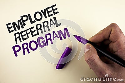 Conceptual hand writing showing Employee Referral Program. Business photo showcasing Recommend right jobseeker share vacant job po Stock Photo