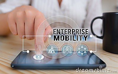 Conceptual hand writing showing Enterprise Mobility. Business photo showcasing Employees do jobs remotely using a mobile Stock Photo