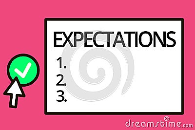 Conceptual hand writing showing Expectations. Business photo text Strong belief that something will happen or be the Stock Photo