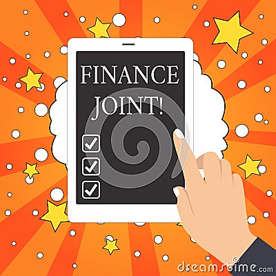 Conceptual hand writing showing Finance Joint. Business photo showcasing provision of funds for a project came from two Stock Photo