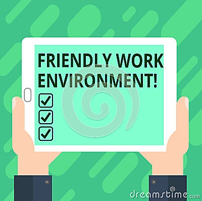 Conceptual hand writing showing Friendly Work Environment. Business photo text Integrating stronger social dynamics workplace Hu Stock Photo