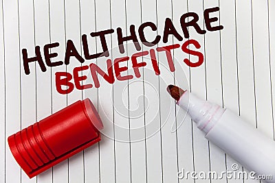 Conceptual hand writing showing Healthcare Benefits. Business photo showcasing it is insurance that covers the medical expenses wh Stock Photo