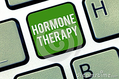 Conceptual hand writing showing Hormone Therapy. Business photo showcasing use of hormones in treating of menopausal Stock Photo