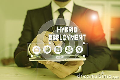 Conceptual hand writing showing Hybrid Deployment. Business photo text a combination of onpremises applications or data Stock Photo