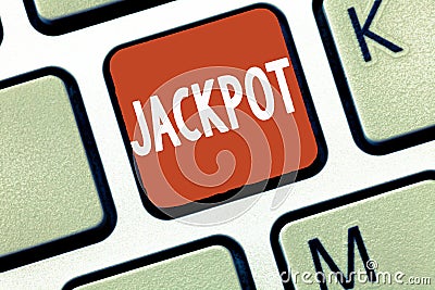 Conceptual hand writing showing Jackpot. Business photo showcasing Large cash prize in game Lottery Big award Gambling Stock Photo