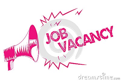 Conceptual hand writing showing Job Vacancy. Business photo text empty or available paid place in small or big company Pink megaph Stock Photo