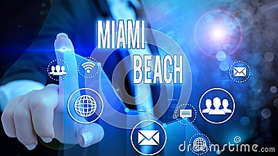Conceptual hand writing showing Miami Beach. Business photo text the coastal resort city in MiamiDade County of Florida Stock Photo