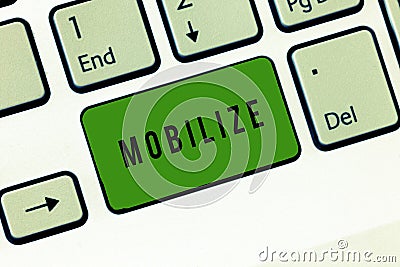 Conceptual hand writing showing Mobilize. Business photo showcasing make something movable or capable of movement Stock Photo