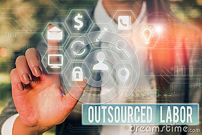 Conceptual hand writing showing Outsourced Labor. Business photo showcasing jobs handled or getting done by external Stock Photo